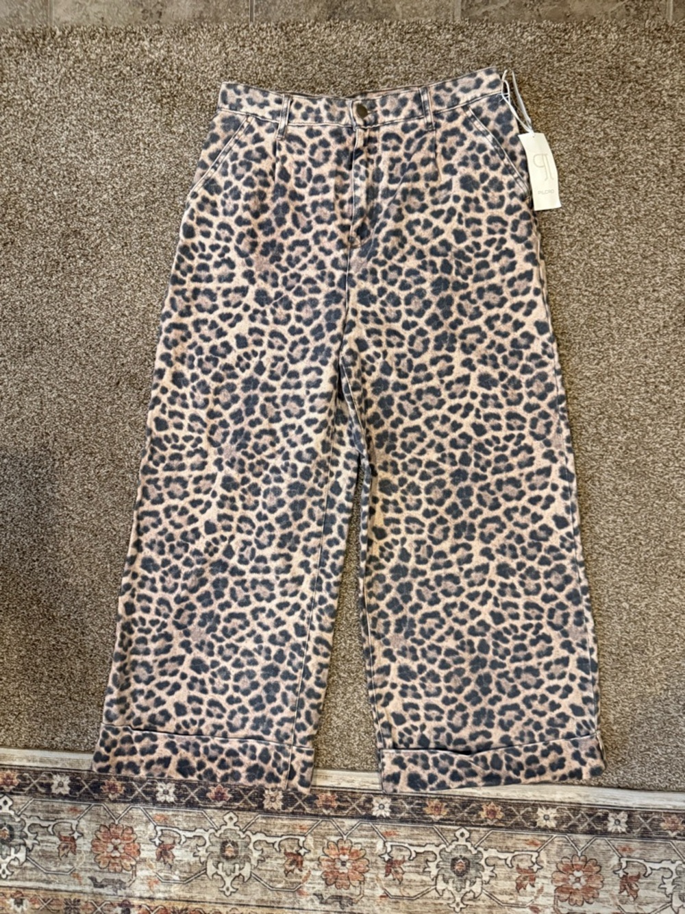 Anthropologie Leopard Print Wide-Leg Jeans in Beige and Black